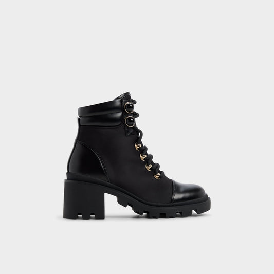 Mariettia in Black - Lace-up boot, Lug sole - Black