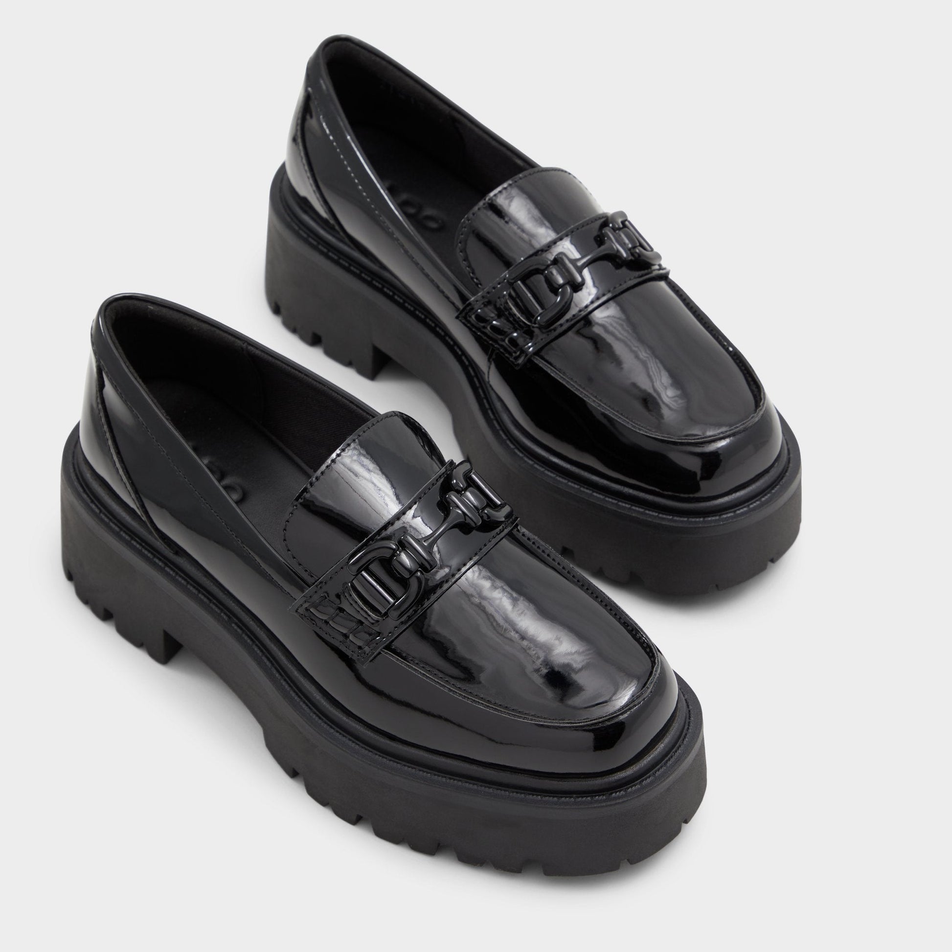 Oneameth Black Synthetic Patent Women's Loafers & Oxfords - Loafer, Lug sole - Black