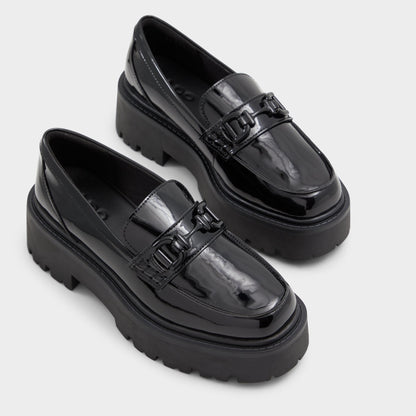 Oneameth Black Synthetic Patent Women's Loafers & Oxfords - Loafer, Lug sole - Black