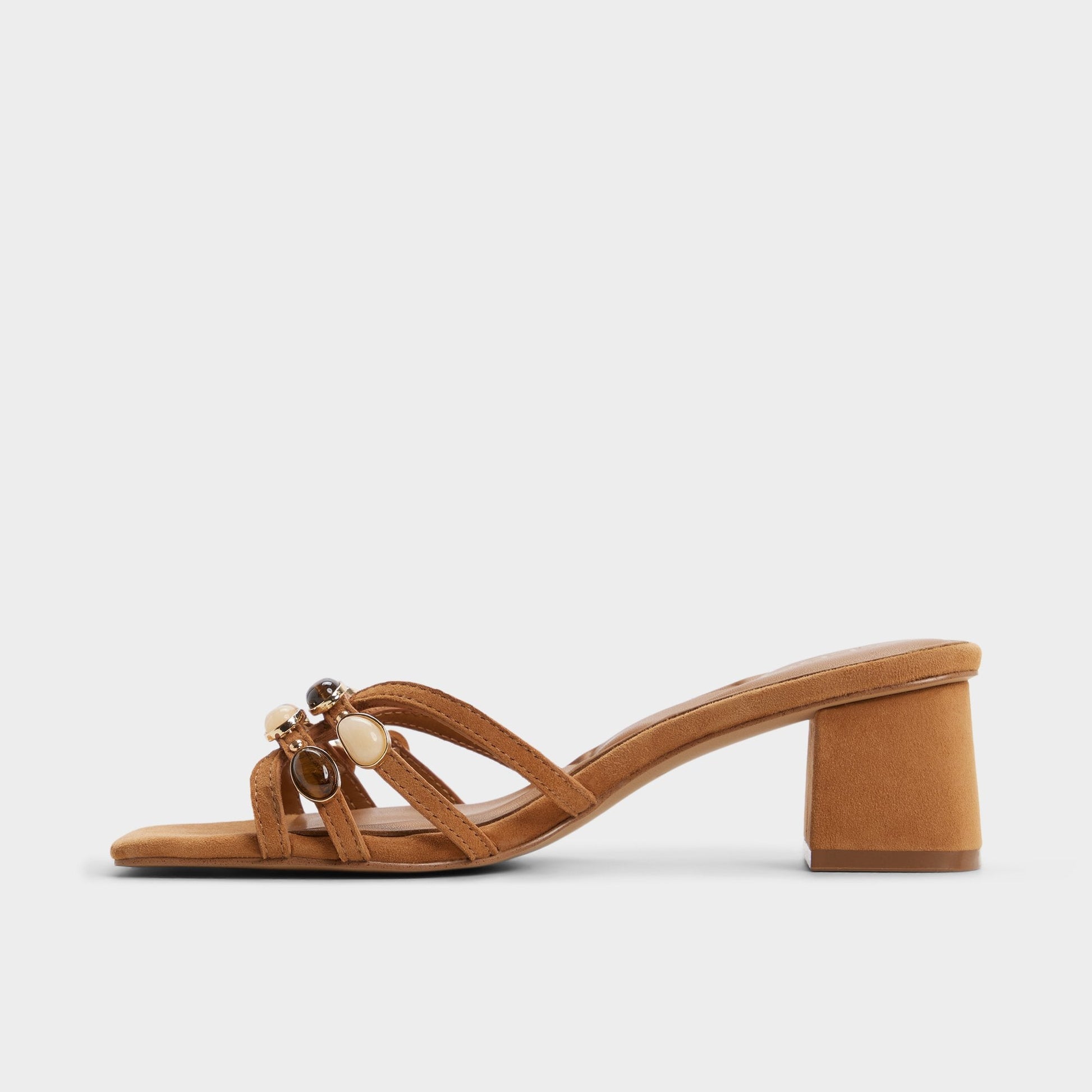 Jemstone in Medium Brown - Strappy heeled sandal, Block heel - Medium brown